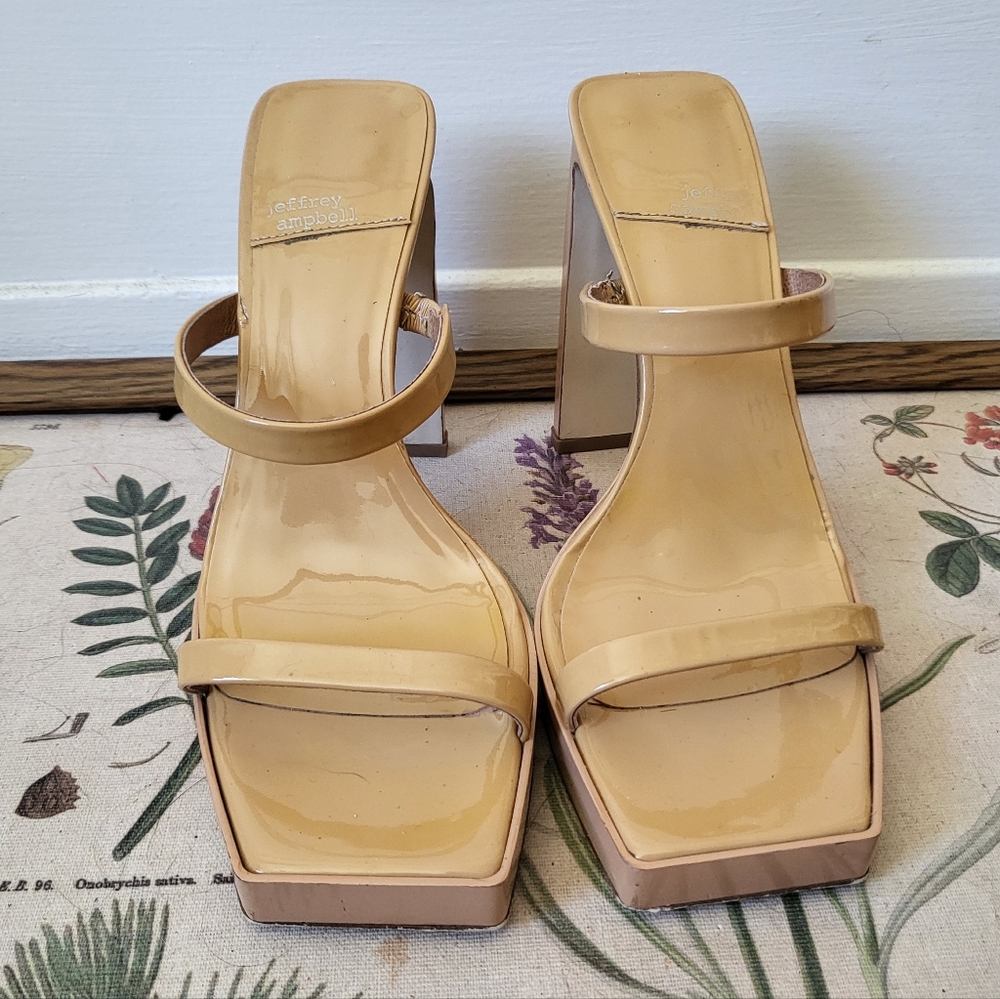 Jeffrey Campbell Hustler Patent Leather Platform Square Toe Sandals Dusty Nude